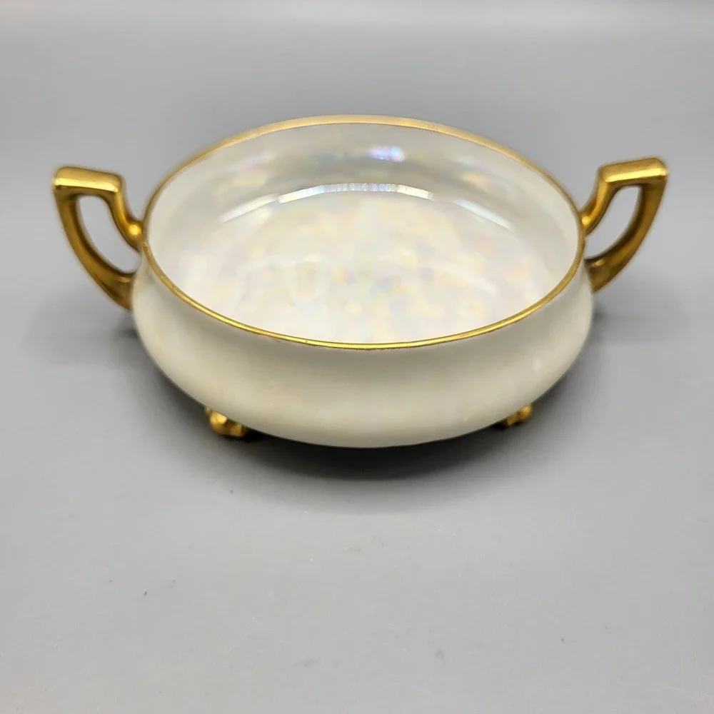 Prov Saxe Germany Trinket Dish Set Vintage Lusterware Gold Trim Footed White